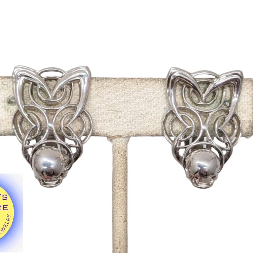 Vintage 1950s Signed Napier Modernist Rhodium Plate Openwork Clip Earrings